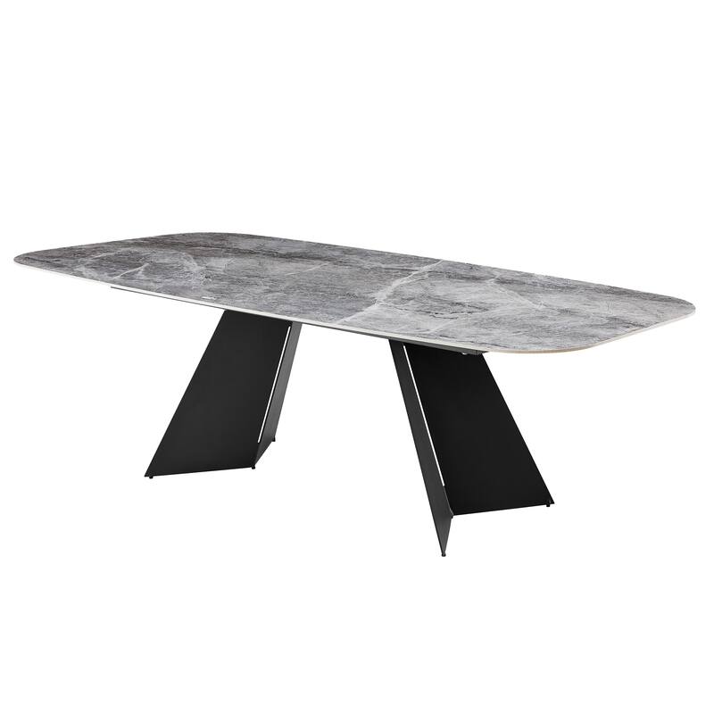 HomeRoots 94" Gray and Black Faux Marble Ceramic and Steel Double Pedestal Base Dining Table