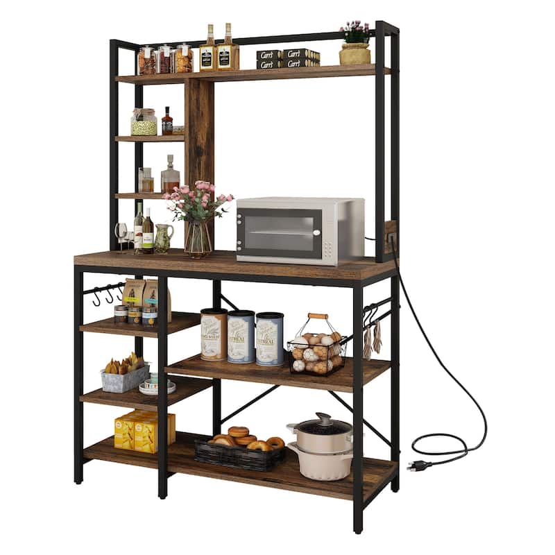 Kitchen Bakers Rack Utility Storage Shelf Microwave Oven Stand With Power Outlet - Brown