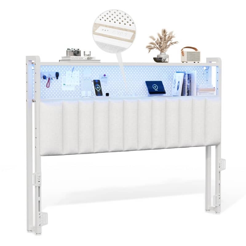 Adjustable Upholstered Headboard with 2 Tier Shelves with Charging Stations and LED Lights, Modern Bed Headboard with Storage