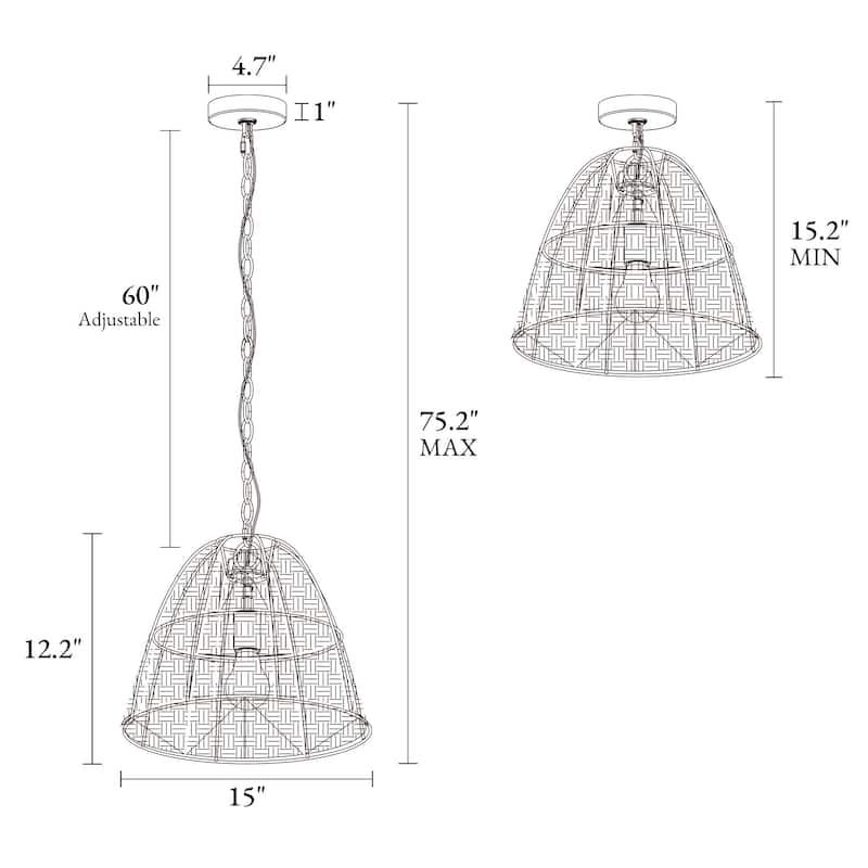 Ravy 1-Light Rattan Dome Pendant Light Handwoven Kitchen Island Lights - D 15" x H 12.2"