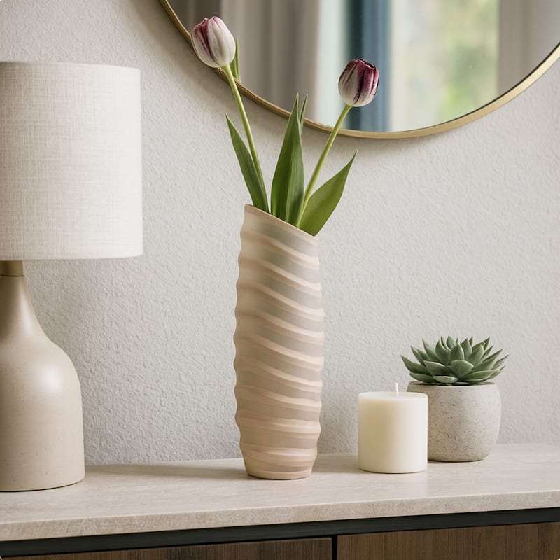 Carved Glass Modern Table Vase with Ribbed Silhouette - Ivory