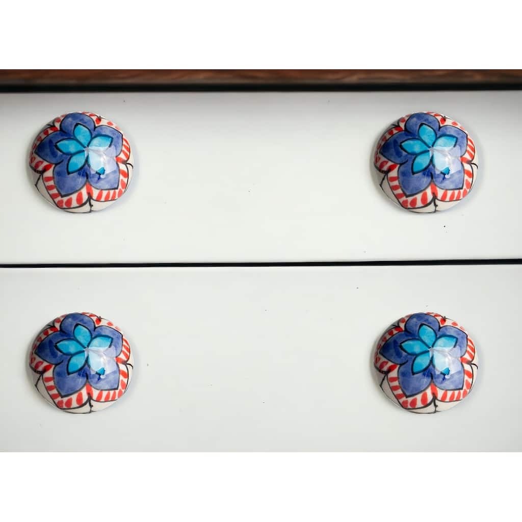 HomeRoots Set of Eight Blue And White Floral Ceramic Drawer Pull Knobs - 1.5" x 1.5" x 1.5"