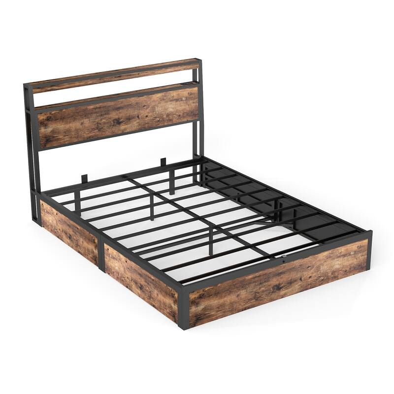 Rustic Brown Platform Bed Hydraulic Lift Storage Bed Frame, RGB LED Headboard with Charging Station, No Box Spring Needed