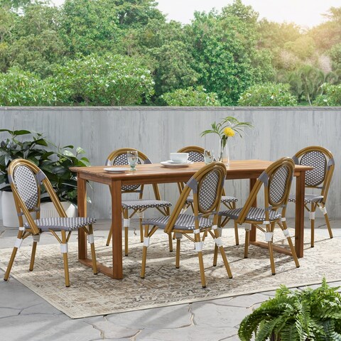 Pepple Outdoor Acacia Wood and Wicker Dining Set by Christopher Knight Home