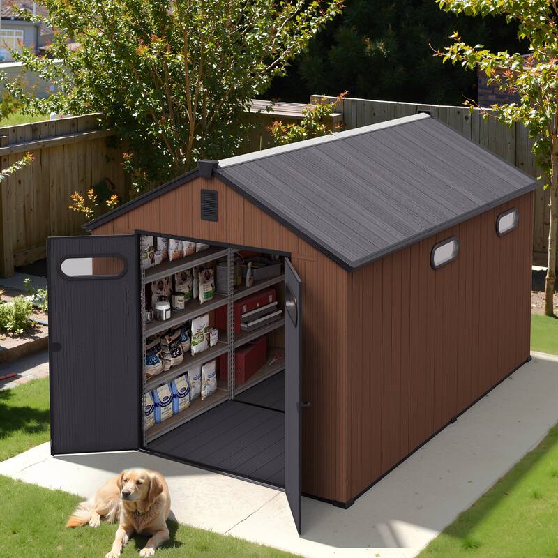All-Weather Lockable Door Resin Outdoor Storage Shed with Window Floor for Patio Furniture and Tools