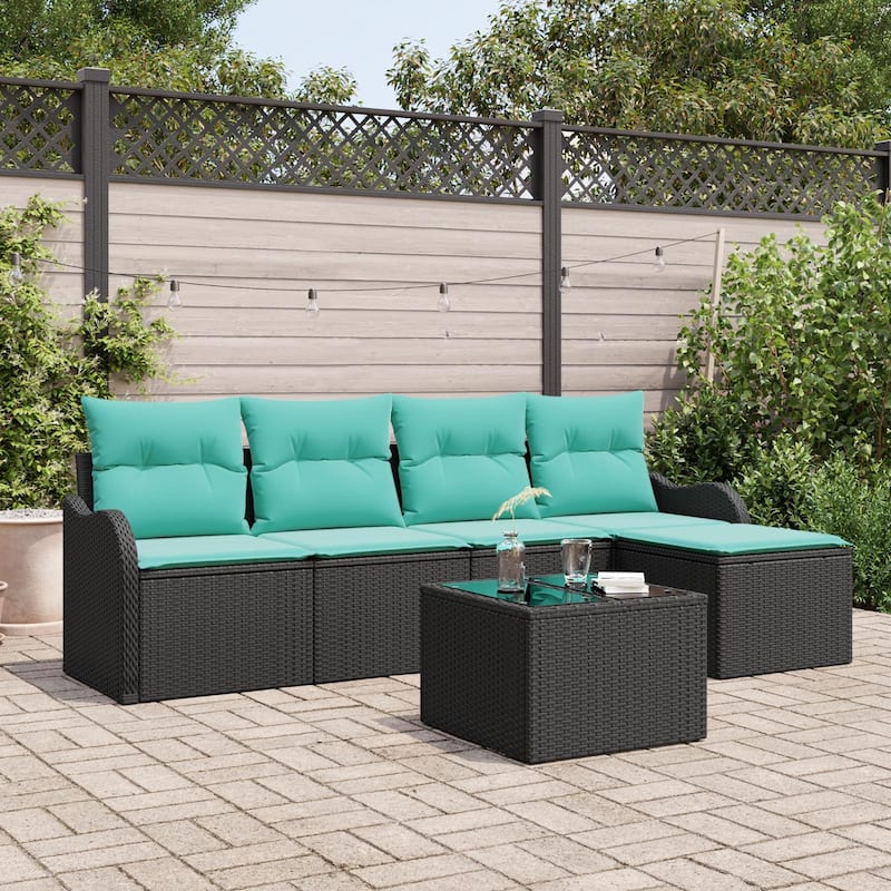 vidaXL 5/6 Garden Sofa Set with Cushions Black/Brown/Grey Poly Rattan - 90.9 x 24.4 x 27.2 - Black with table