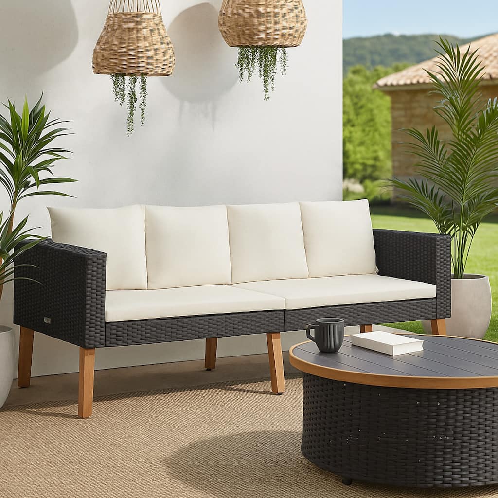 Joy Outdoor 2 Seater Sofa, White Cushion, Black Poly Rattan, 65 Inch