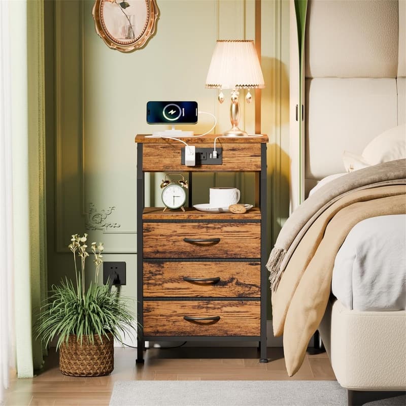 Night Stand with Charging Station Small Bedside Table with Wood Shelf