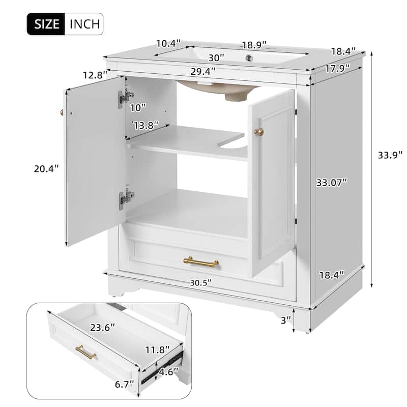 30'' Freestanding Bathroom Vanity with Single White Integrated Ceramic Sink - 30.5'' x 18.4'' x 33.9''