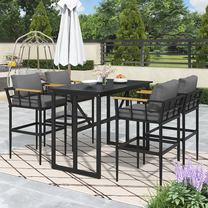 Outdoor Wood Chairs Set with Metal Table for Patio (Set of 5) - Gray