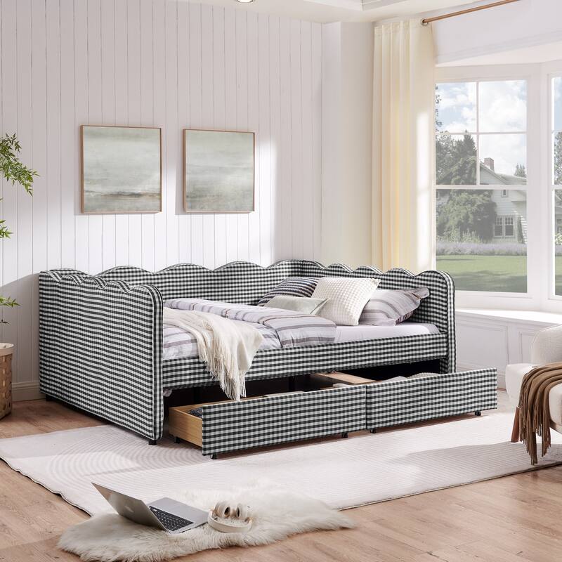 Full/Queen Gingham Daybed with 2 Storage Drawers, USB Port & Wave Shaped Linen Fabric