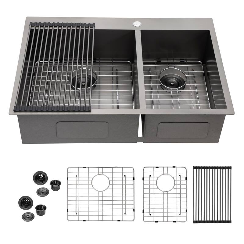 Double Bowl Drop in Kitchen Sink 16 Gauge with Two 9" Deep Basin