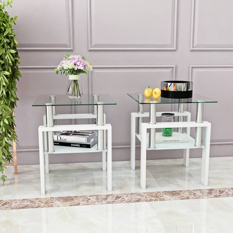 Set Of 2, Modern Tempered Glass Tea Table Coffee Table End Table