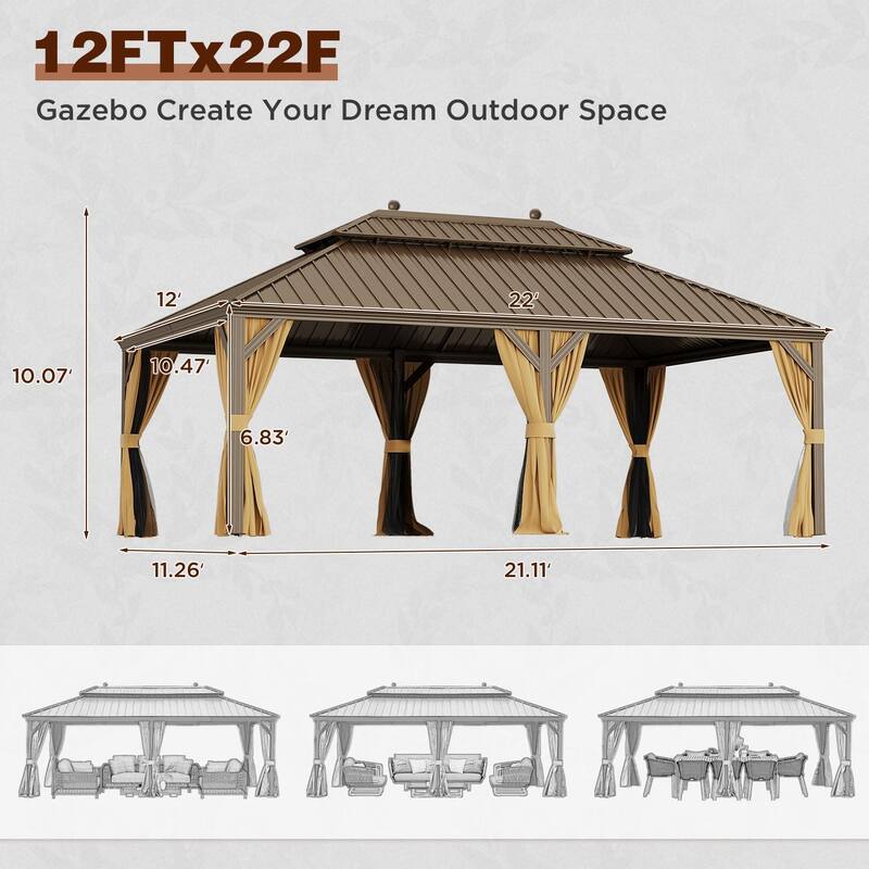 Erommy Pro Series Outdoor Galvanized Steel Roof Gazebo Pergola w/ Aluminum Frame & Vertical Rain Cutter