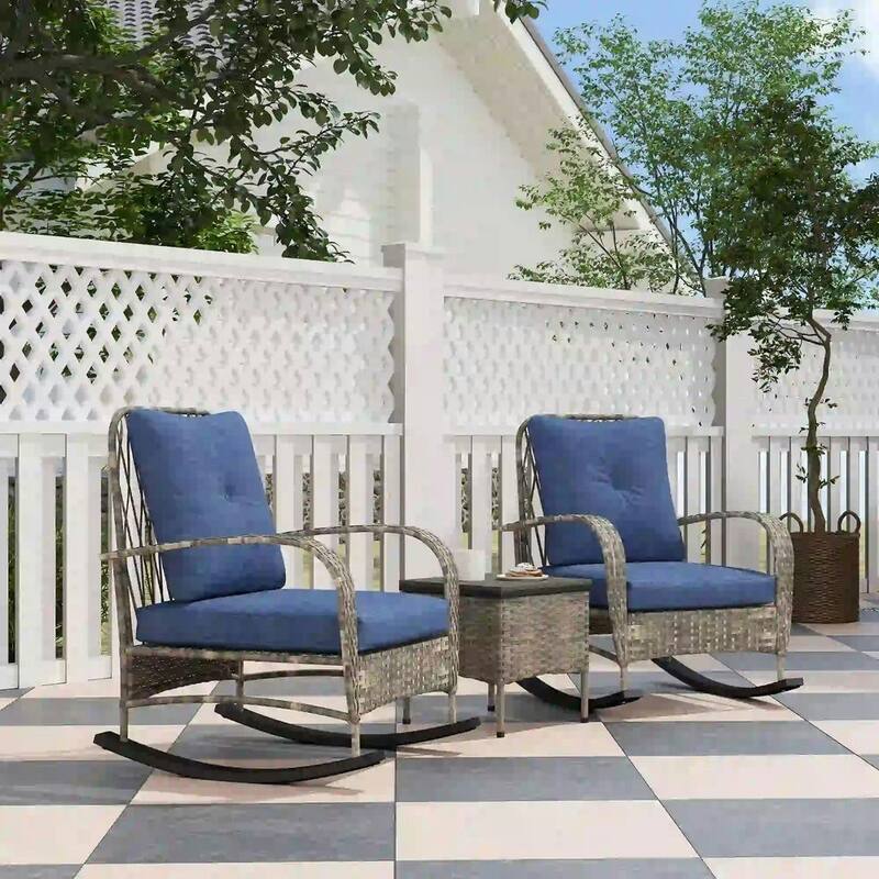 3-Piece Wicker Patio Set with Rocking Chairs, Glass-Top Coffee Table - Grey