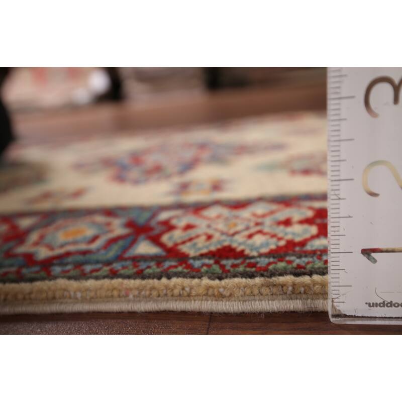 Geometric Kazak Foyer Rug Hand-Knotted Beige Wool Carpet - 1'11" x 2'11"