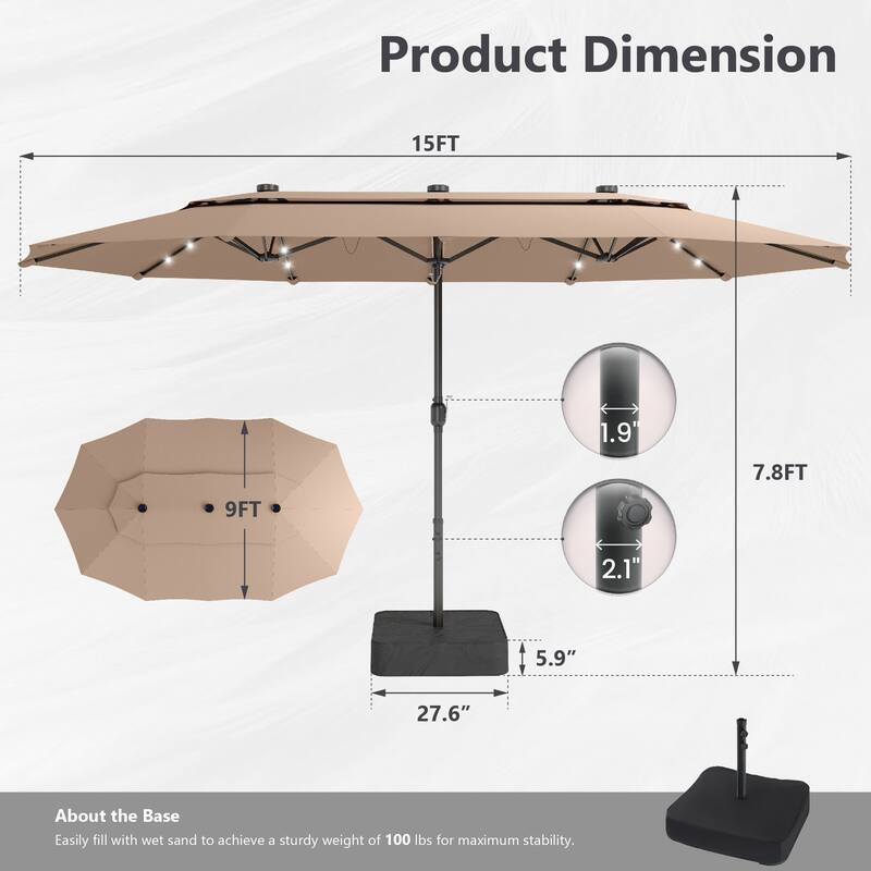 MAISON ARTS 15ft 2-Tier Large Patio Umbrella with Solar Lights, Double-Sided Outdoor Market Umbrellas with Base Included