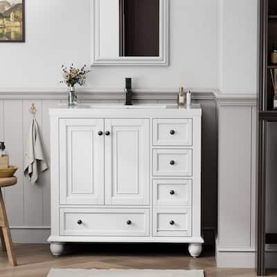 Retro Bathroom Vanity Cabinet Solid Wood Classic with Ceramic Sink