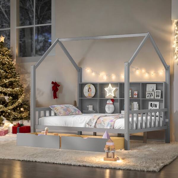 slide 2 of 12, Full Size Wooden House Bed Kids Bed with 2 Drawers and Storage Shelf Grey