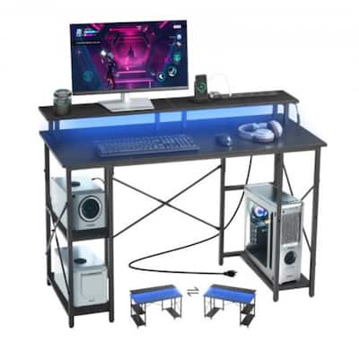47" Black Computer Desk with RGB Lighting and Built-In Power Strip USB Ports Adjustable Storage Shelf