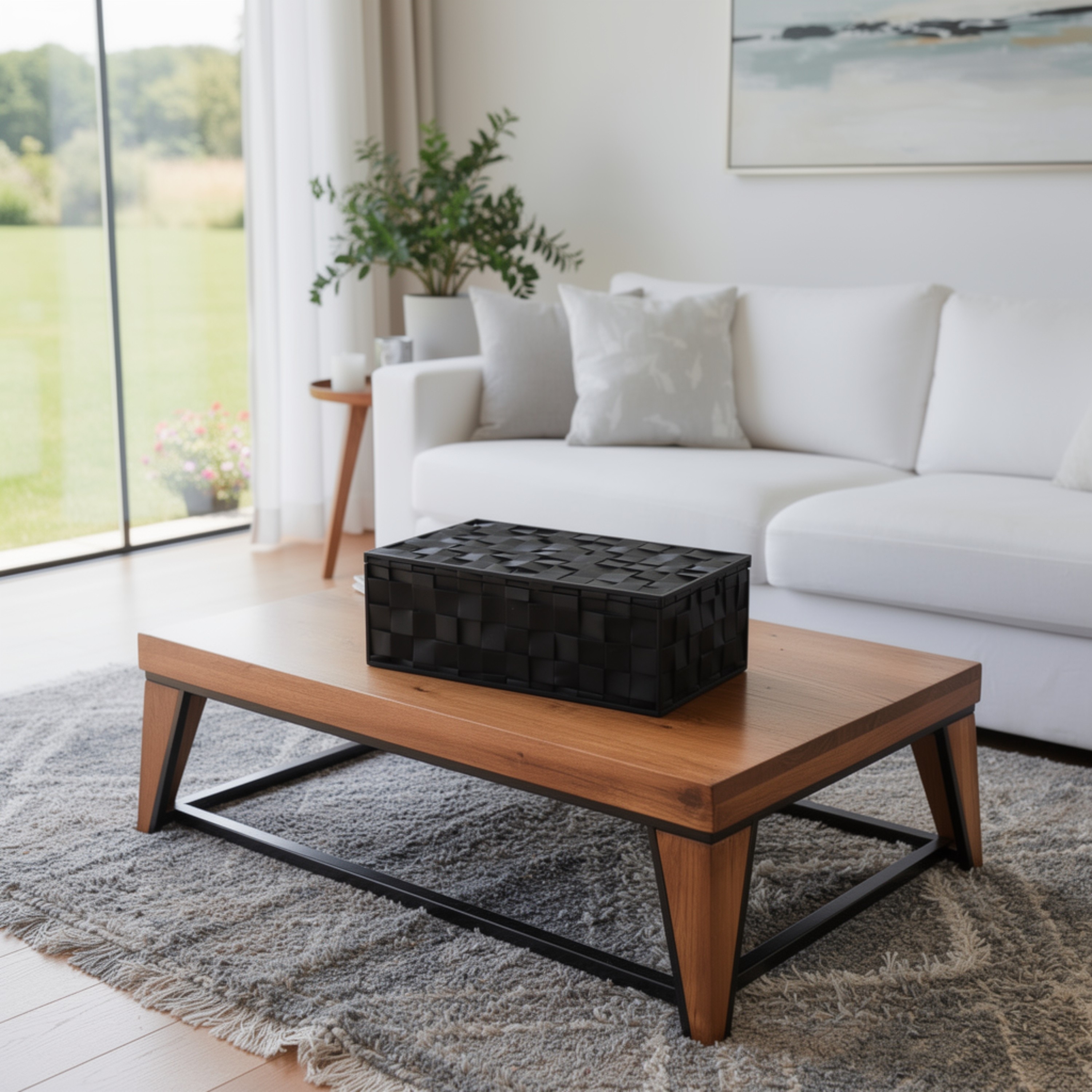 Benjara Decorative Box with Lid for Storage, Black Woven Texture Resin