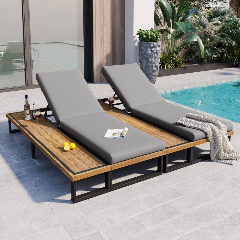 Outdoor Lounge Chair Set of 2 with 5 Position Adjustable Backrest, Iron Patio Loungers Recliners with Wood Side Table