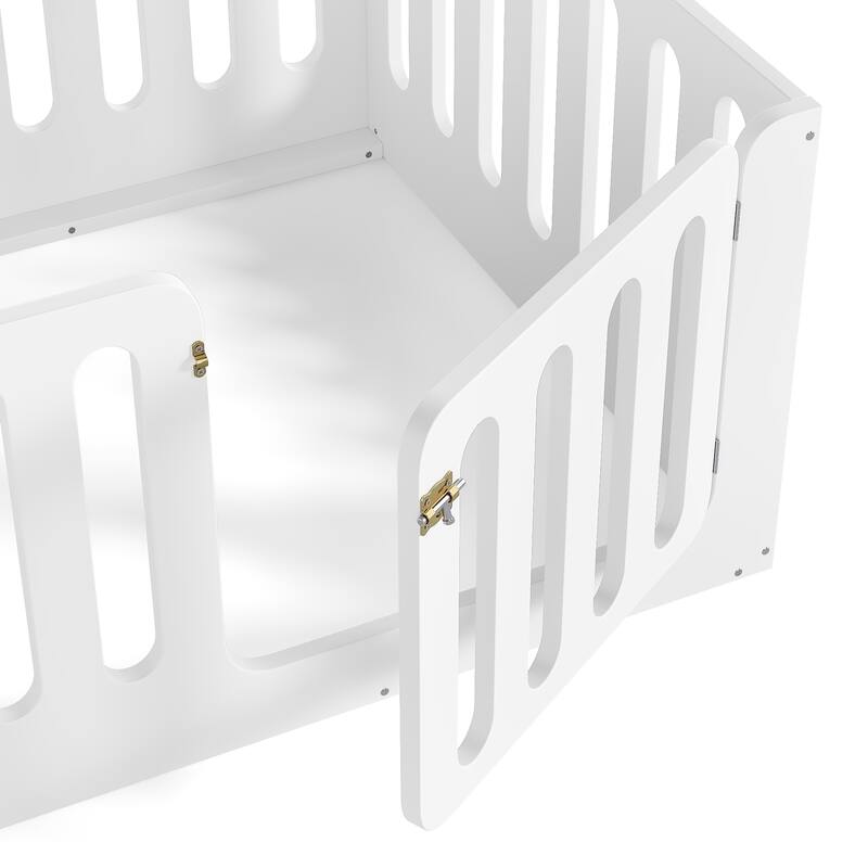 Toddlers Montessori Floor Bed with High Fence, Door, Low Profile Platform Bed Frame for Kids with No Box Spring Needed, No Slats