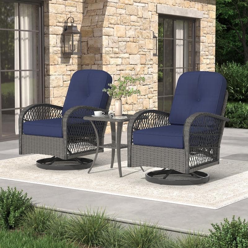 Outdoor Swivel Rocker Bistro Set - 3 Piece Wicker Patio Set with Swivel Rocking Chairs, Cushions, and Tempered Glass Side Table