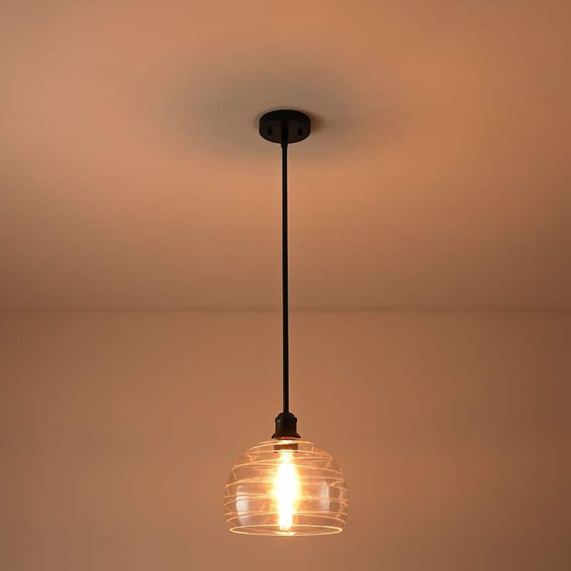 1-Light Modern Black Ribbed Glass Dome Kitchen Island Pendant Light - 9.06 in. W x 9.45 in. H