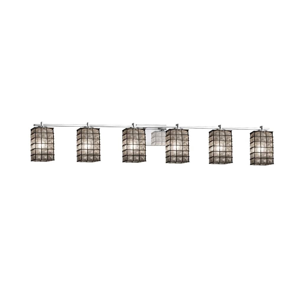 Wire Glass Era 6-Light Polished Chrome Bath Bar, Grid with Clear Bubbles Square w/ Flat Rim Shade