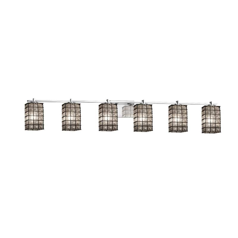 Wire Glass Era 6-Light Polished Chrome Bath Bar, Grid with Clear Bubbles Square w/ Flat Rim Shade - Polished Chrome