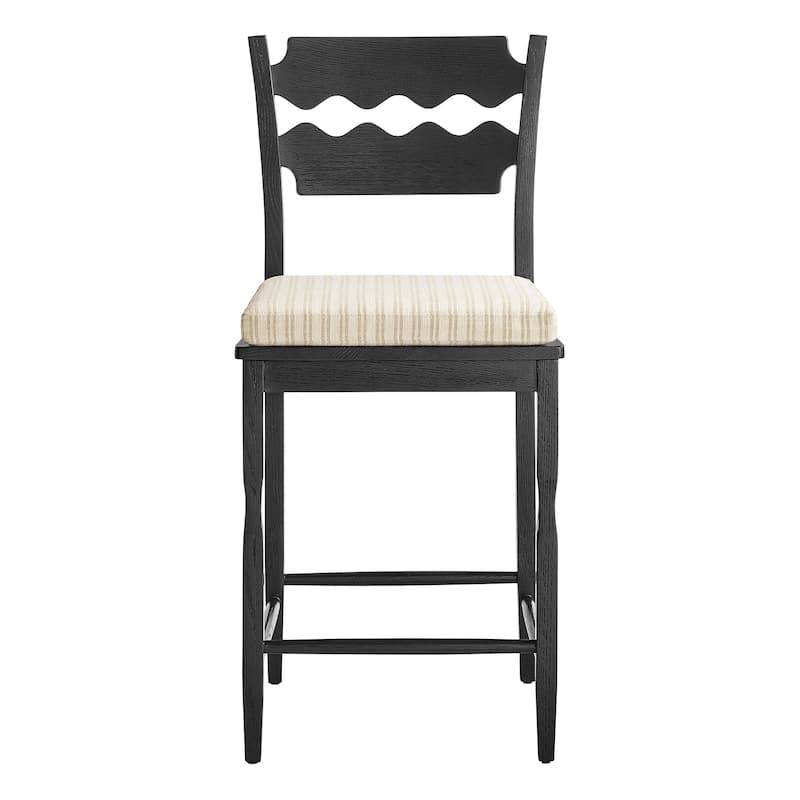 Jax Oak Wood Counter Stool With Wavy Razor Back and Cushion
