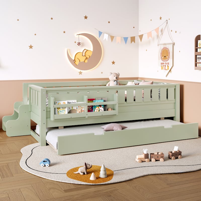 Roomfitters Floor Bed with Bookshelf and Trundle, Low Profile Frame with Step Entry - Avocado Green - Twin