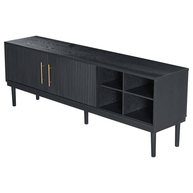 74.90" Wood TV Stand, Sliding Doors Media Cabinet with Gold Metal Handle, Media Console Table with Solid Wood Legs