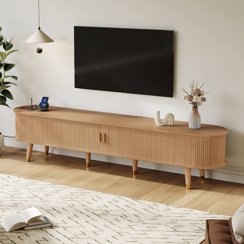 Wooden Oval TV Stand with Charging Station for TV up to 80", Fluted Sliding Tambour Door TV Cabinet Media Console, Natural