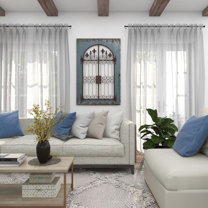 Blue Wood Arched Windowpane Fleur De Lis Home Wall Decor with Rust Metal Scrolled Gate
