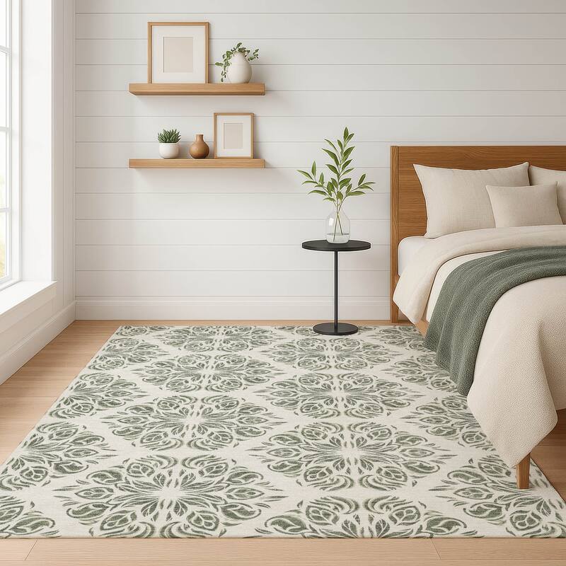 Machine Washable Indoor/ Outdoor Damask Pearl Chantille Rug