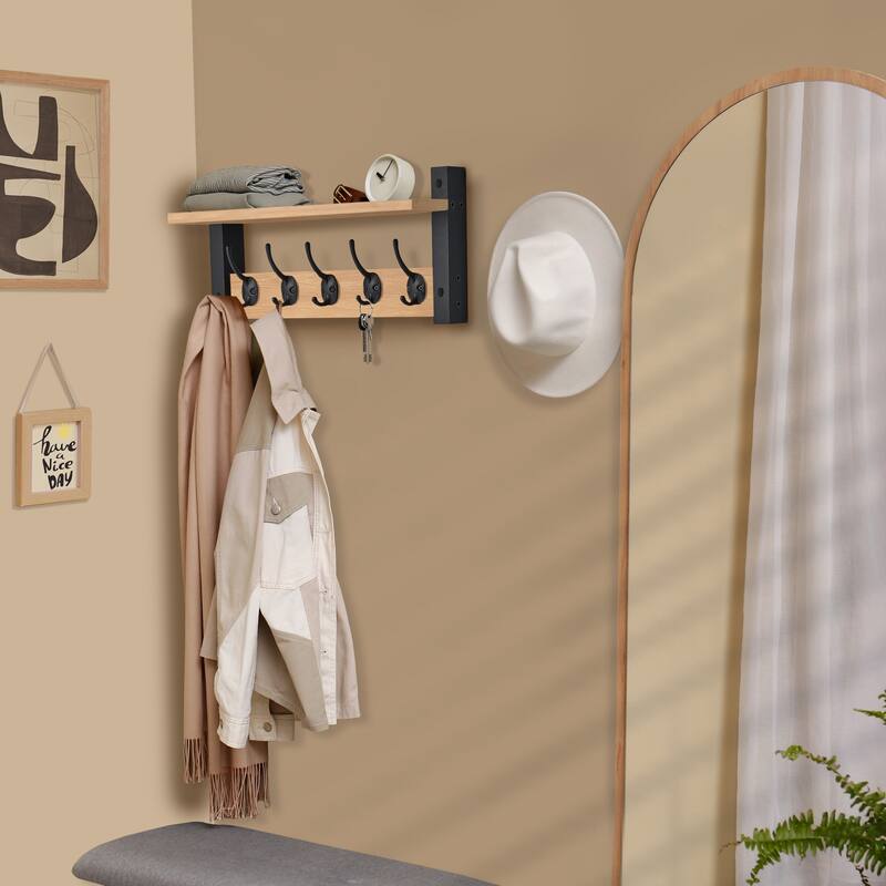 Sorbus Coat Hooks Wall Mount Floating Shelf with 5 Heavy Duty Hooks, Large and Extra Large