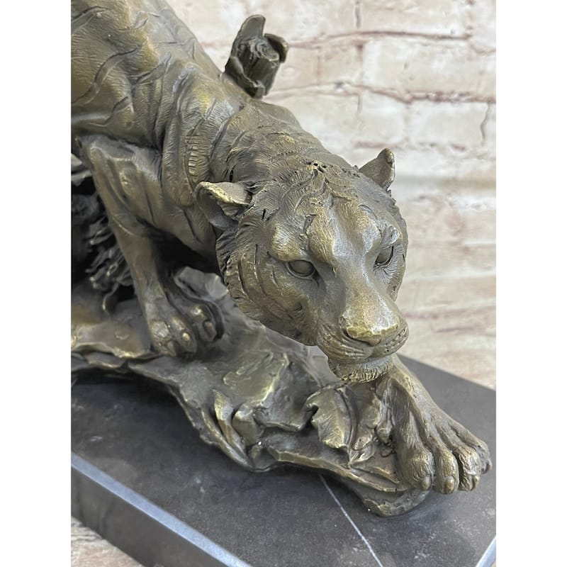 Tiger Bronze Sculpture Statue Figure On Marble Base Signed