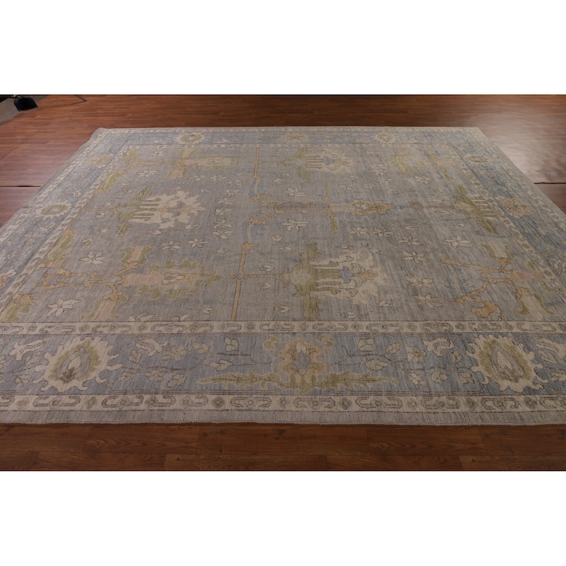 Vegetable Dye Oushak Turkish Area Rug Handmade Floral Grey Wool Carpet - 9'1" x 11'11"