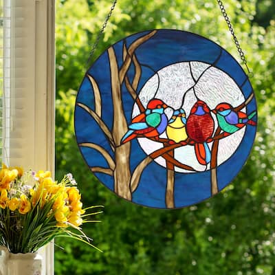 River of Goods 16"H Birds in the Night Sky Round Stained Glass Window Panel - 16"L x 0.25"W x 16"H
