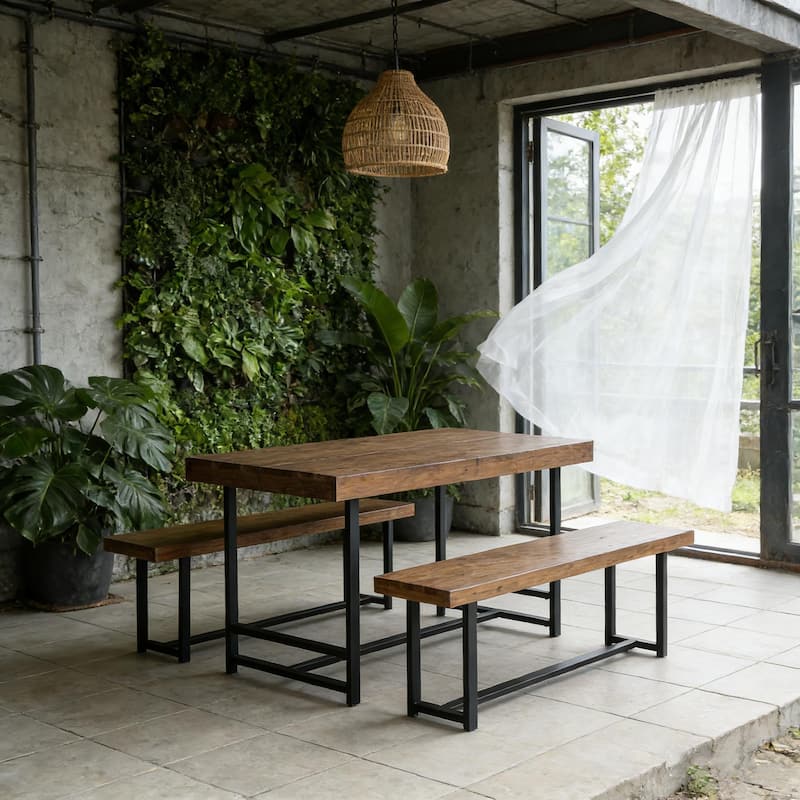 Rustic Rectangular Dining Table Set for 4 with 2 Chairs, Brown - N/A