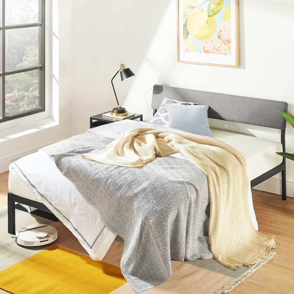 KERA Metal Platform Bed with Angled Grey Upholstered Headboard