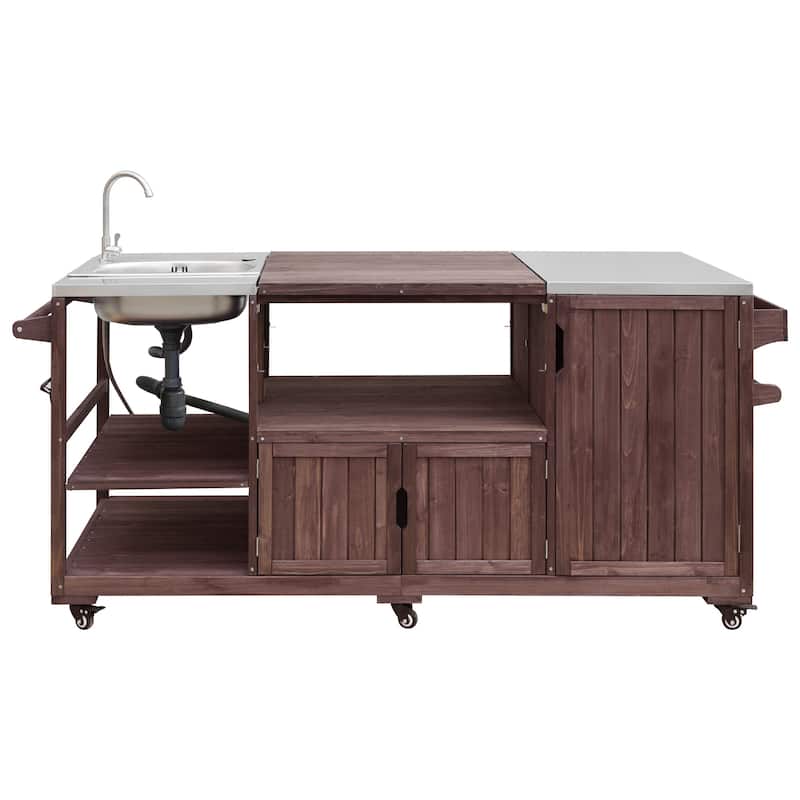 Kitchen Island with Sink, Grill Cart for Big Green Egg Grills, Rolling Bar Cart with Stainless Steel Top for Pizza Prep and BBQ