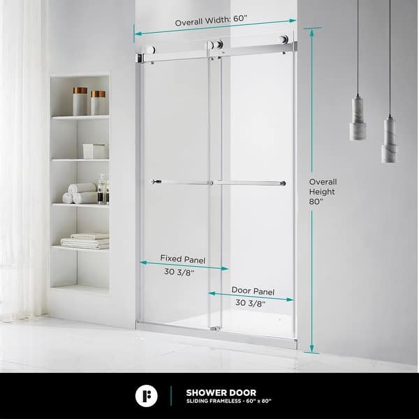 dimension image slide 1 of 25, Fine Fixtures Frameless Clear Sliding Bathroom Shower Door