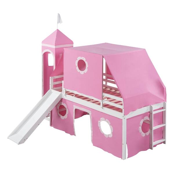 slide 2 of 15, Twin Size House Loft Bed with Slide, Tent and Tower, Pink