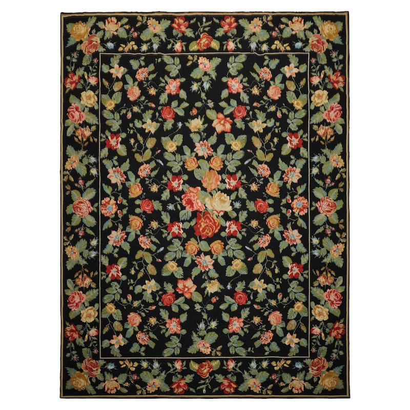 9x12 Hand Woven Wool Black Portugese Needlepoint Traditional Area Rug - 9' x 12' - 9' x 12'