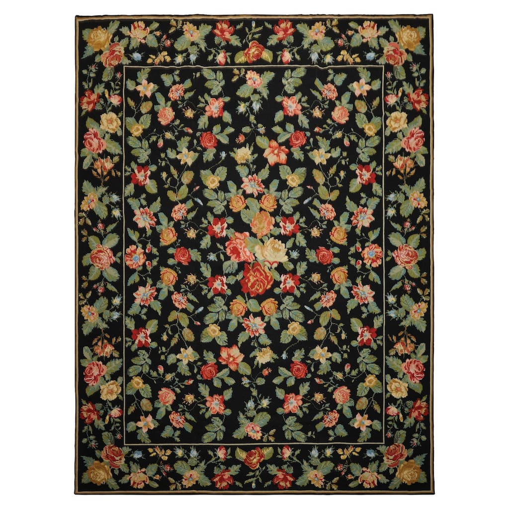 9x12 Hand Woven Wool Black Portugese Needlepoint Traditional Area Rug - 9' x 12'