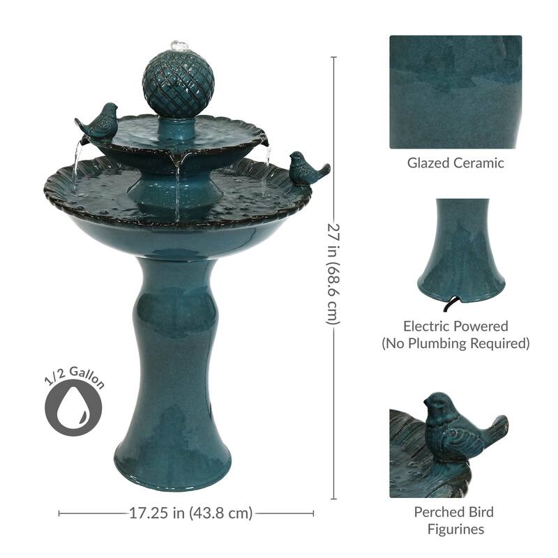 Sunnydaze 2-Tier Resting Birds Ceramic Outdoor Water Fountain - 27"