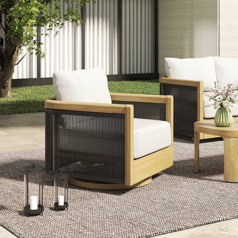 Overture 1-Piece Natural Wood Grain Aluminum Hand-Woven Rope Patio Swivel Sofa Chair with Beige Cushions